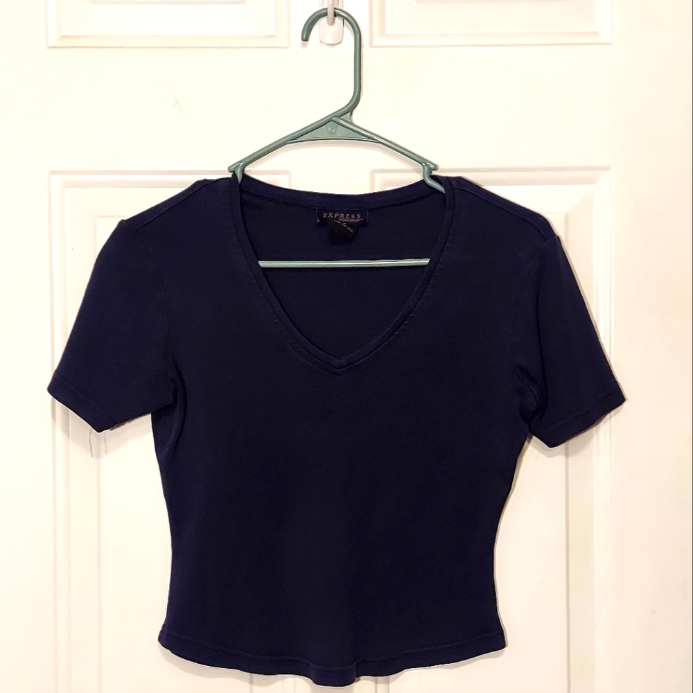 80's Cropped Navy Blue V-Neck Top